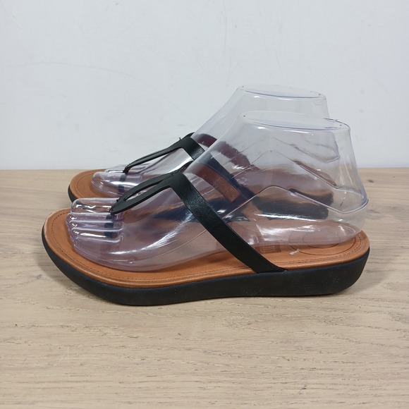 FitFlop Sandals Womens 6 Leather Slip On Thong Black Brown Comfort Summer Flat - Picture 2 of 9